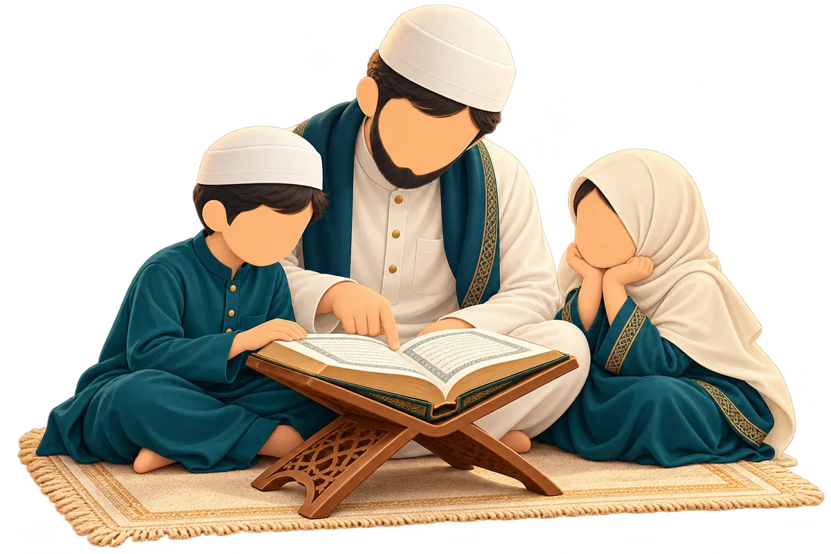 Illustration of a father helping two children learn to read the Quran
