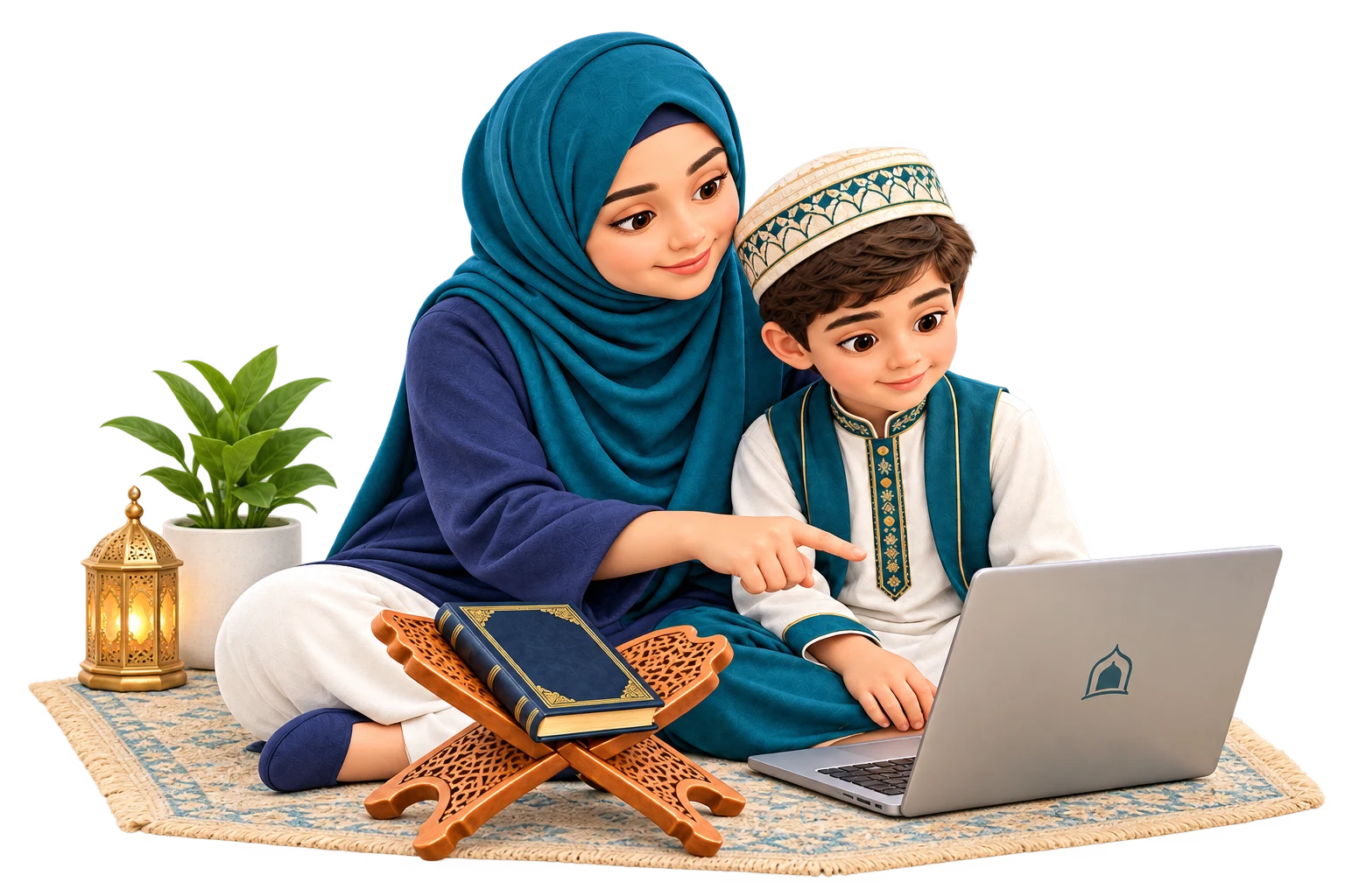 Adult and child studying the Quran together on a laptop